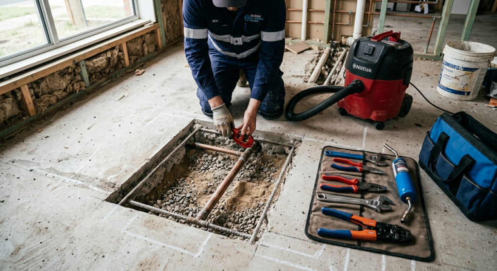 Concrete slab access repair for burst pipe Melbourne concealed leak