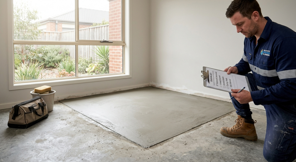 Restored concrete floor after burst pipe Melbourne slab leak repair