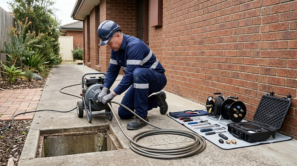 Professional high-pressure water jetting equipment used for drain cleaning in Melbourne
