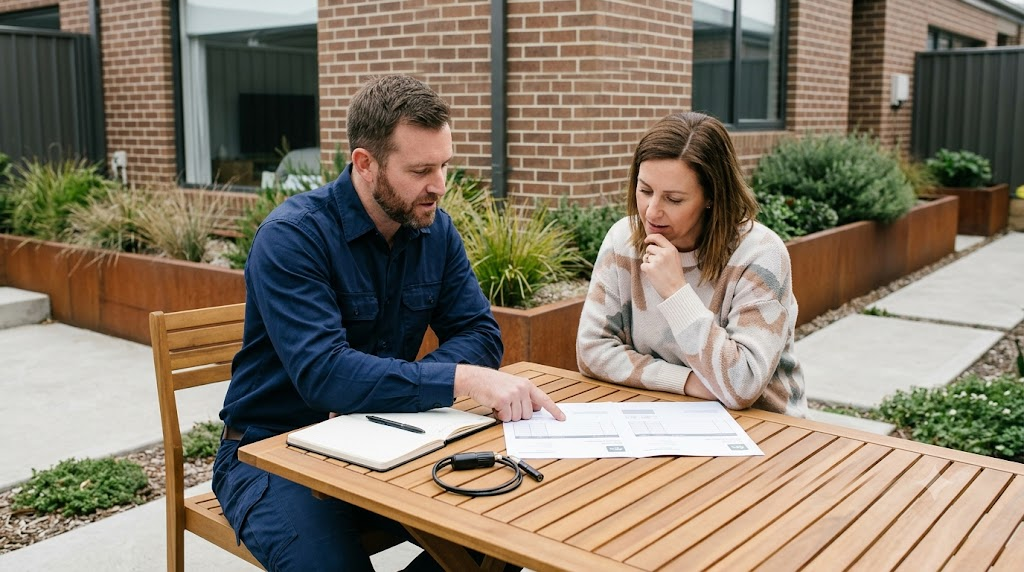 Homeowner comparing a drain-cleaning quote with a Melbourne plumber
